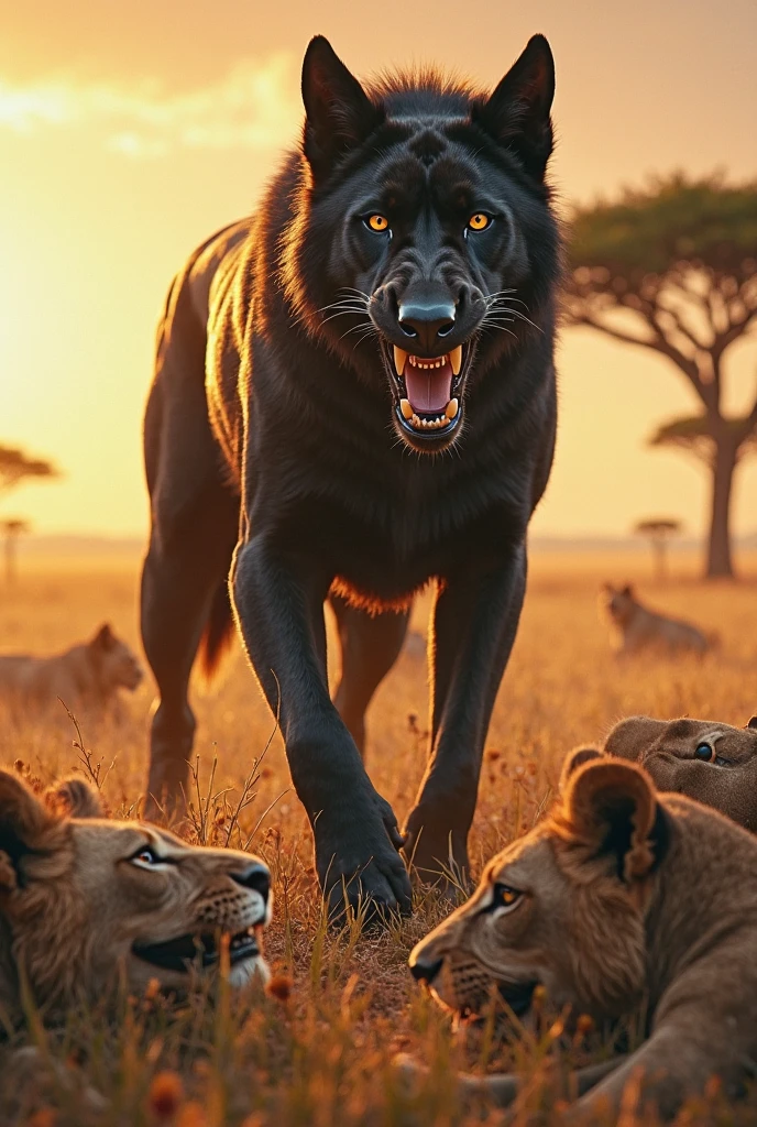Big cat attack on two black wild dog in the green ground