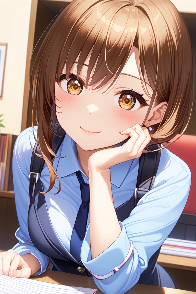 (high resolution,high quality)anime、Beauty、cute、Stylish、ponytail、Brown Hair、Sexy、View your viewers、smile、In a beautiful house、computer、Working