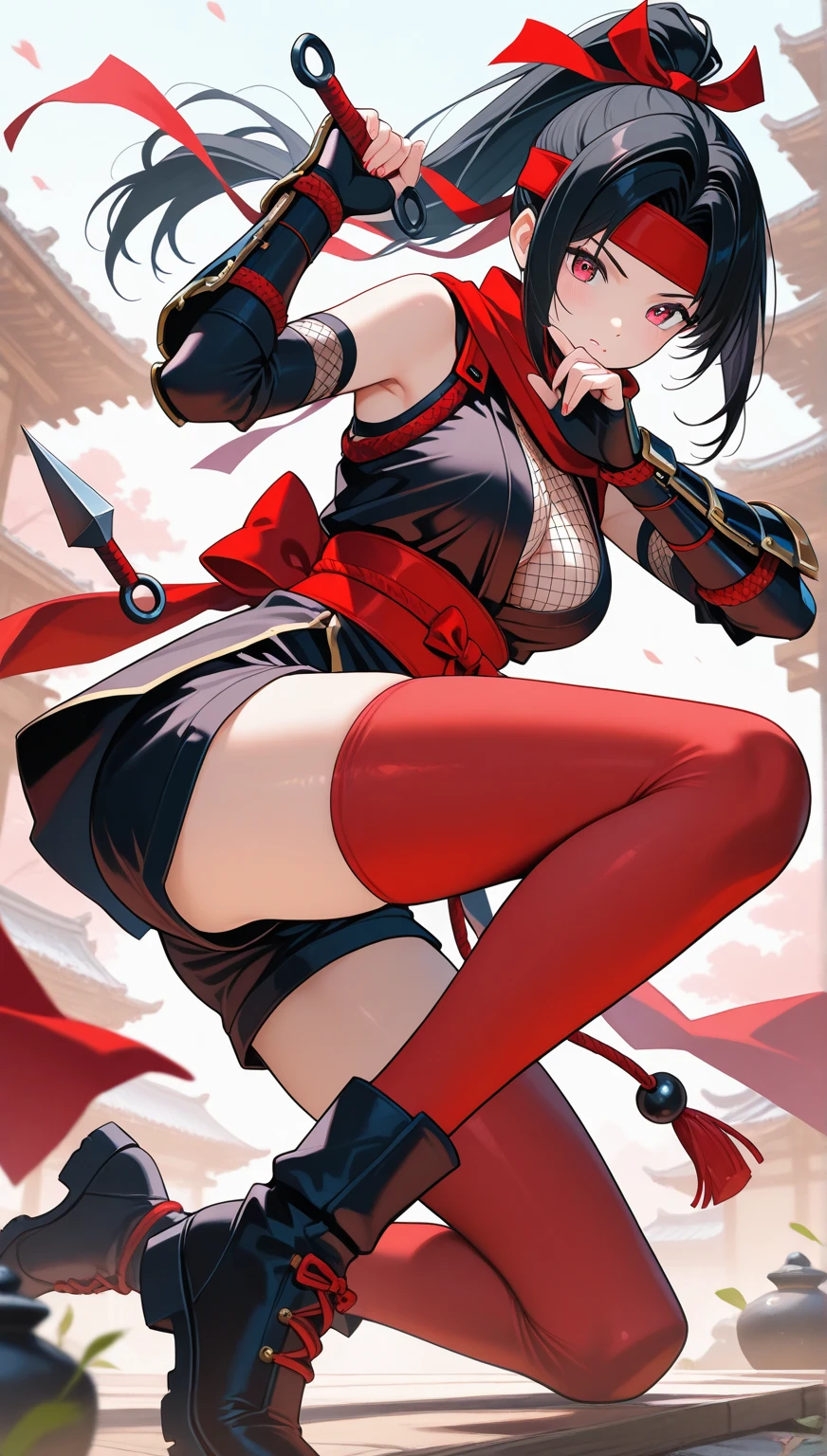 ((Masterpiece)), ((Best Quality)), 8K, high image quality, super detaill, Mikasa Ackerman, 1girl,solo,(A red scarf is tied around the neck.), Wear the Attack on Titan Survey Corps costume.,thong, stockings,large breasts,black top,black thighhighs,ass,Bare hands, black eyes, bright eyes,bright background,Sorrisos
