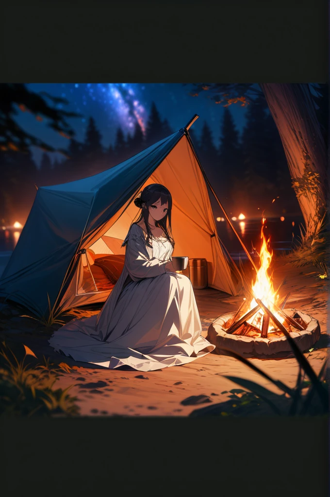 (Masterpiece, Official Art, 8k, highest quality, high detail), (A woman: 1.5), by the campfire, hands between her legs, looking up at the vast starry sky, a tent, the bonfire burning on the woman's silky long hair, the starry sky is dotted to form a beautiful pattern, the tent is clearly silhouetted, showing a feeling of deep nature, Add (woman: 1.2), (Campfire: 1.2), (Starry sky: 1.2), (Tent: 1.2) Enhance the atmosphere of the picture.