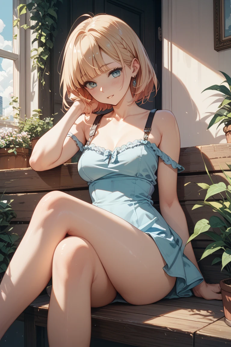 (High definition) (masterpiece) 1 girl, elf, body, cute face, young, slender, perfect waistline, perfect legs, small breasts, in cute sundress, nice cleavage, cute green eyes, medium sized silver hair, smiling, sexy pose, outdoor, full body, cute feet, wearing golden sandals