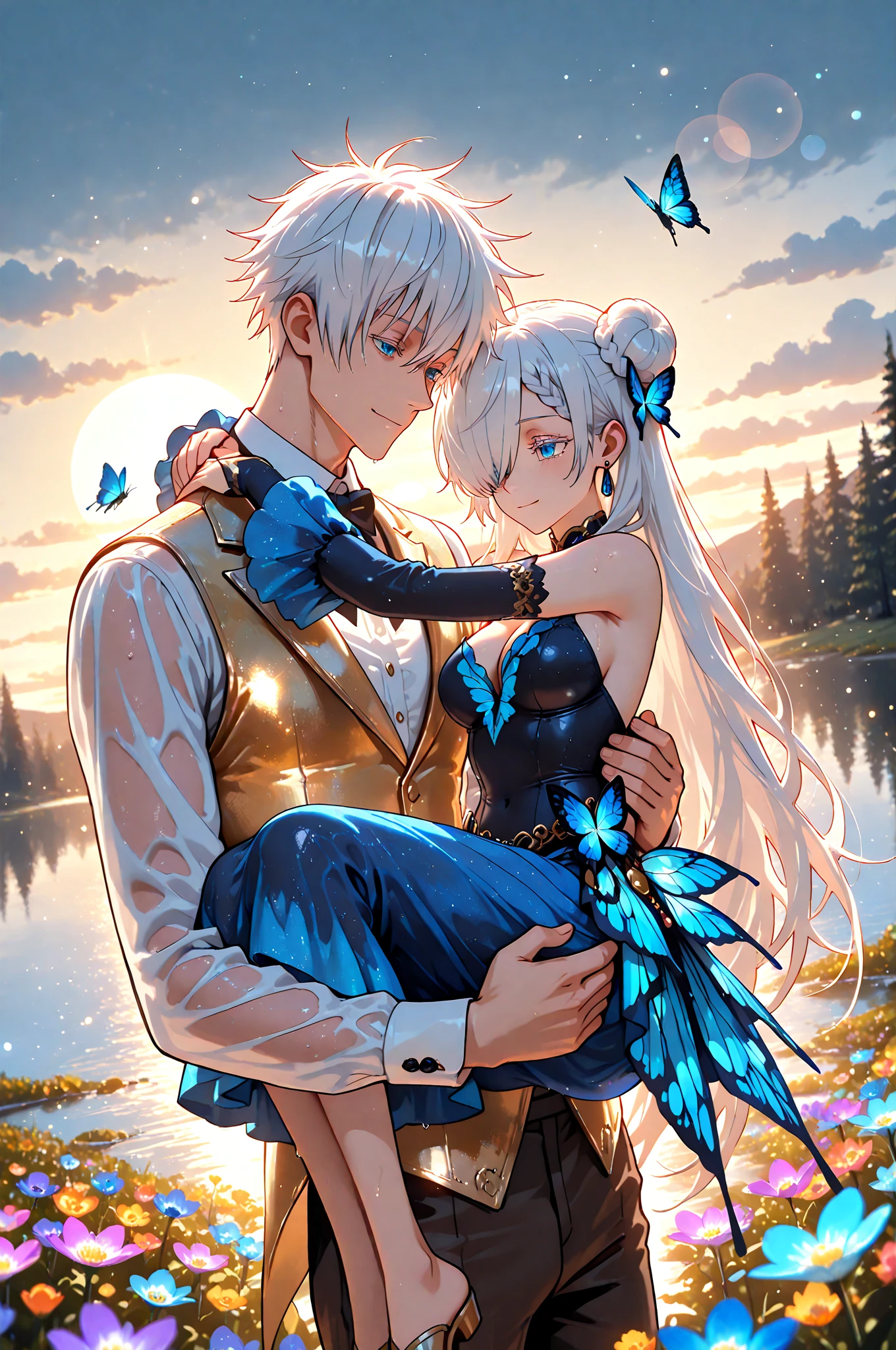 Ultra detailed, HDR, Highres, absurdres, master piece, Aida, ash blonde hair with bangs, expressive green eyes, Gojou Satoru, white hair with bangs, expressive blue eyes, black shirt, white dress with patterns, Jujutsu Kaisen, flowers, butterflies, fantasy, magical, green leaves, summer, a beautiful woman together with a handsome man, couple, love, sensual, island, sexy, smiling