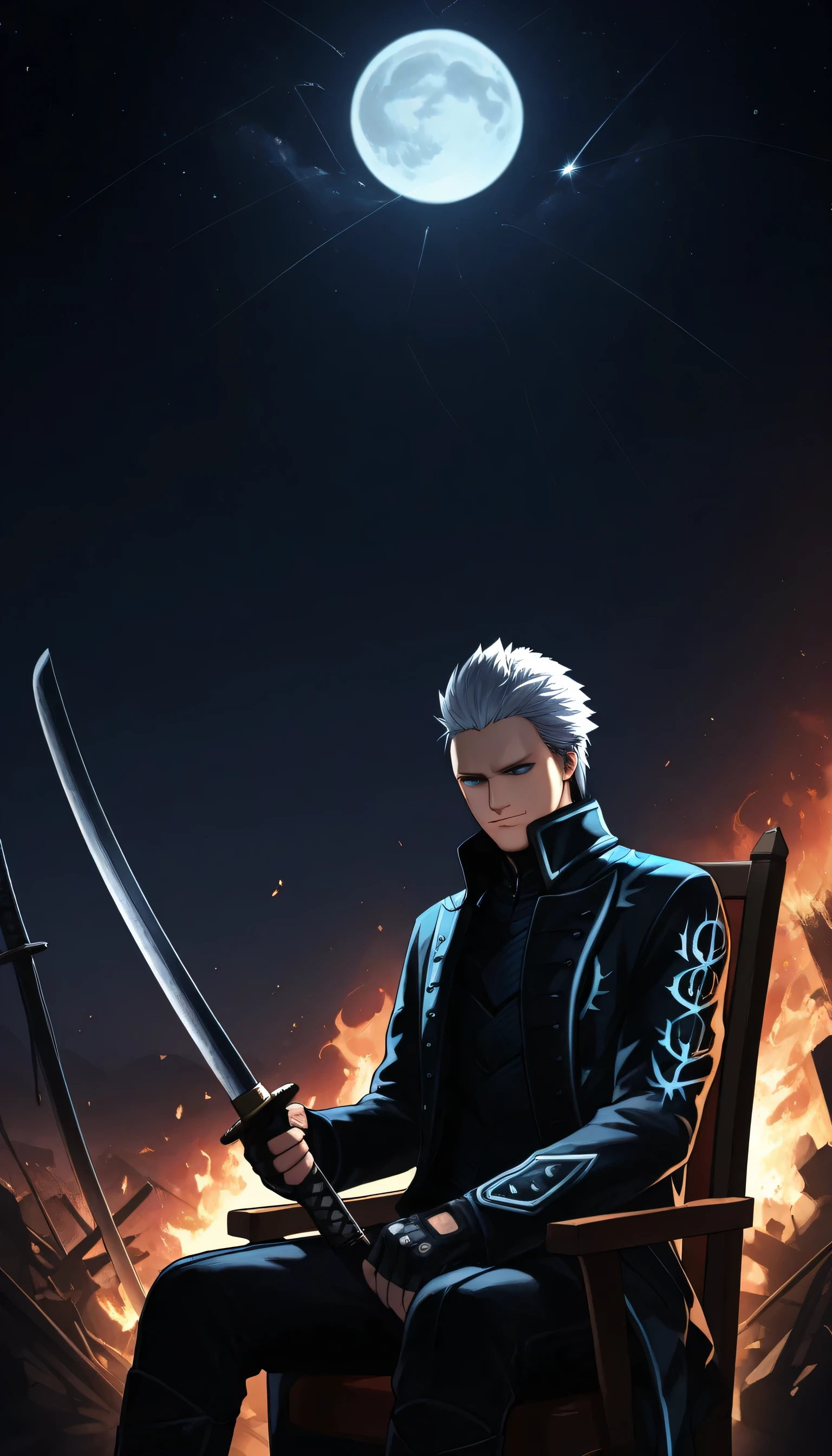 ,Give your images flat even illumination (negative) or dramatic chiaroscuro lighting (positive,Bloody Moon,destruction, fire, nighttime, dark, stars, moonlight, full moon,Thunderstorm around, serious boys, holding a katana, smile, mouth closed,dmc5vergil
black coat, fingerless gloves, pants,Looking at the spectator ,DMC5Vergil, 1boy, white hair, blue eyes, short hair,motivatedchair,Sitting in a chair
