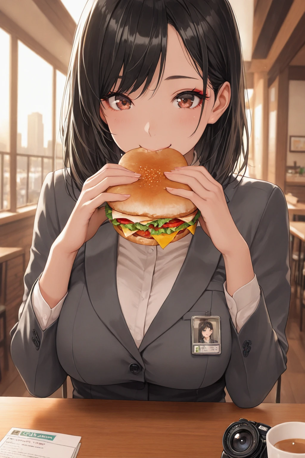 ((portfolio:1.2)),Perfect hand drawing、((eating hamburger:1.2)), (Angle from below:1.2)、Beautiful body lines、1 beauty, (thick neck:1.4)、(broad shoulders:1.4)、(Smaller face)、(pointed breast:1.6)、Model body type、(Smaller chest:1.2)、17 age、Sharp eyes、Watery Big Eyes、Impatience and shy laughter:1.2、((student clothes:1.4))、Shirt and knee-length skirt、(facefocus:1.4)、evening、Extremely detailed, Detailed background, Cinematic lighting, (Pull up your skirt to show your underwear:1.2), (Lace bra visible through unbuttoned shirt:1.2)、(On campus:1.2)、(At a table in a fast food restaurant:1.2)、Footboard beauty