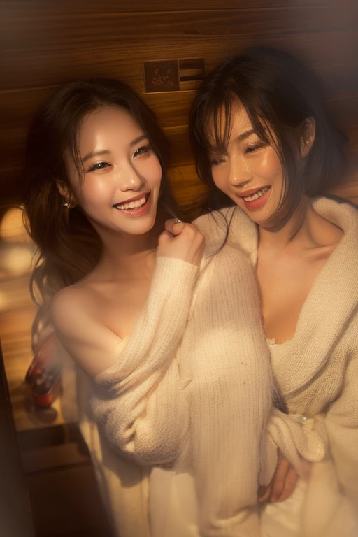 2 Japan woman、Highest quality, masterpiece, Ultra-high resolution, (Realistic:1.4), Raw photo, 1 person, Take it off your shoulder, Bathrobes, Cinema Lighting, A little erotic、Bright smile