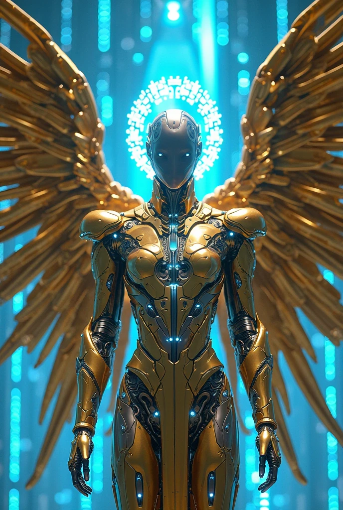 A white and golden angel God, fire Eyes, in error form, bug texture, informatica, hack, matrix, (((you can't see his face))), green background of matrix numbers full body