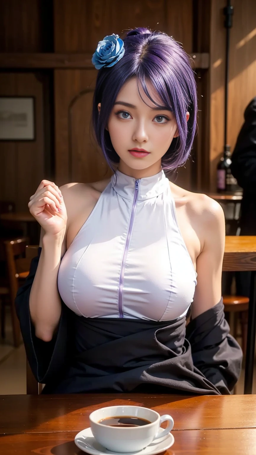 a close up of a person with long hair and a hoodie, hinata hyuga, hinata hyuga from naruto, from naruto, as an anime character, perfect anime face, she has dark blue hair with bangs, female anime character, anime character, anime best girl, hime cut hairstyle, dark blue hair, (red glossy lips:1.3), light purple eyes, big breasts, realistic, ultra detail, indoor background