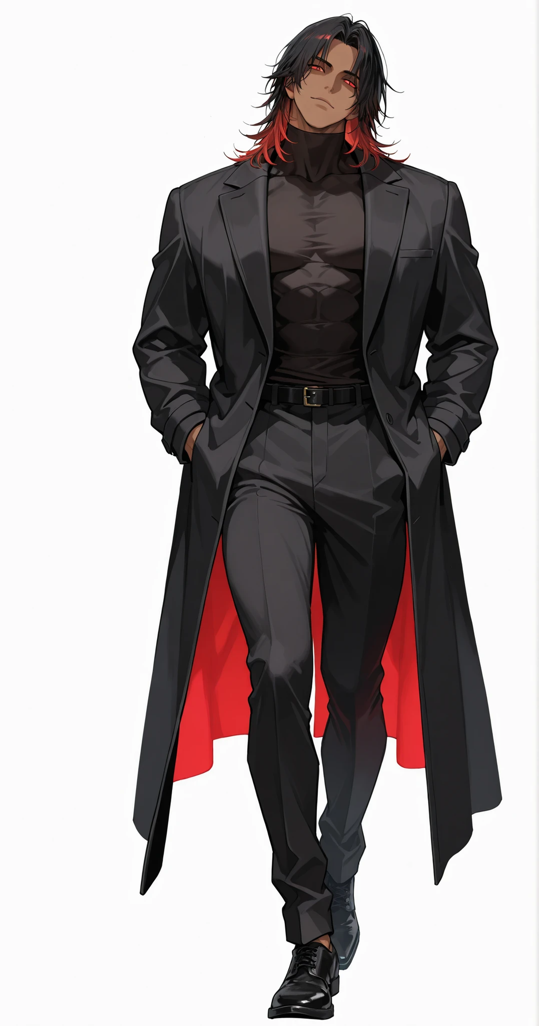 1 man, very handsome face, neutral face, tall, medium length hair, black hair, one line of red hair, glowing red eyes, brown skin, fit body, muscular body, wide shoulders, black formal coat, black turtle neck, black pants, black belt, black leather shoes, walking, hands in pockets, full body, head tilt slightly, front view, detailed, plain white background