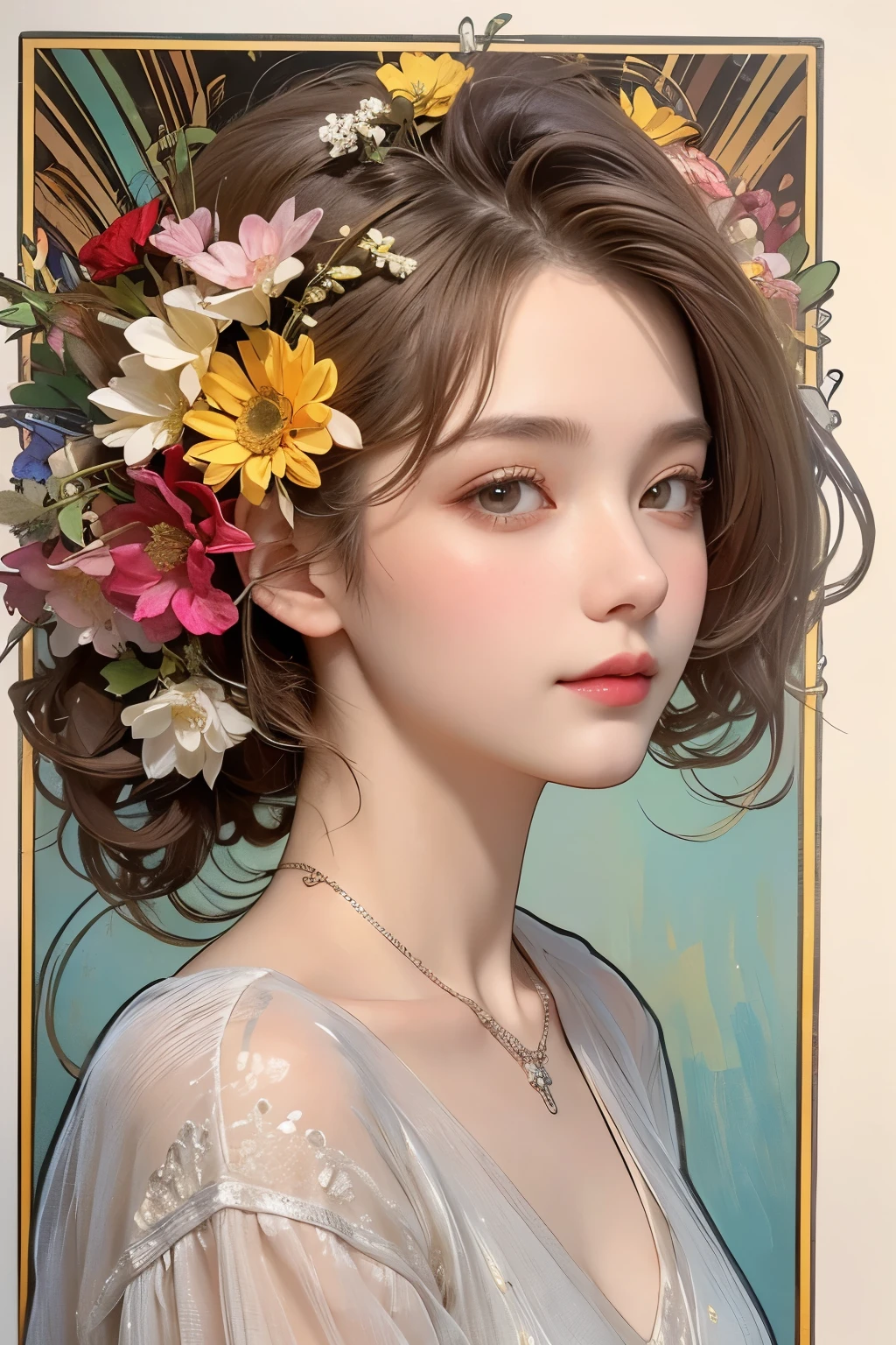 (Oil painting of a woman who looks like a flower goddess), rough touch, impressive portrait, (calm, gentle, bright, girlish smile), (almost straight medium-long silver-gray blonde hair), (close-up), glossy lips, (simple, urban shirt in spring colors), (smart figure), small necklace, soft spring sunlight, small spring flowers of various colors, fine and precise details, vivid primary colors used partially as accents, muted colors, use of contour lines, clean line drawing, (stylish decorative frame in Art Nouveau style), (Alphonse Mucha-esque composition), Masterpiece! , Wonderful! , Beautiful! , Wonderful! , Perfect!