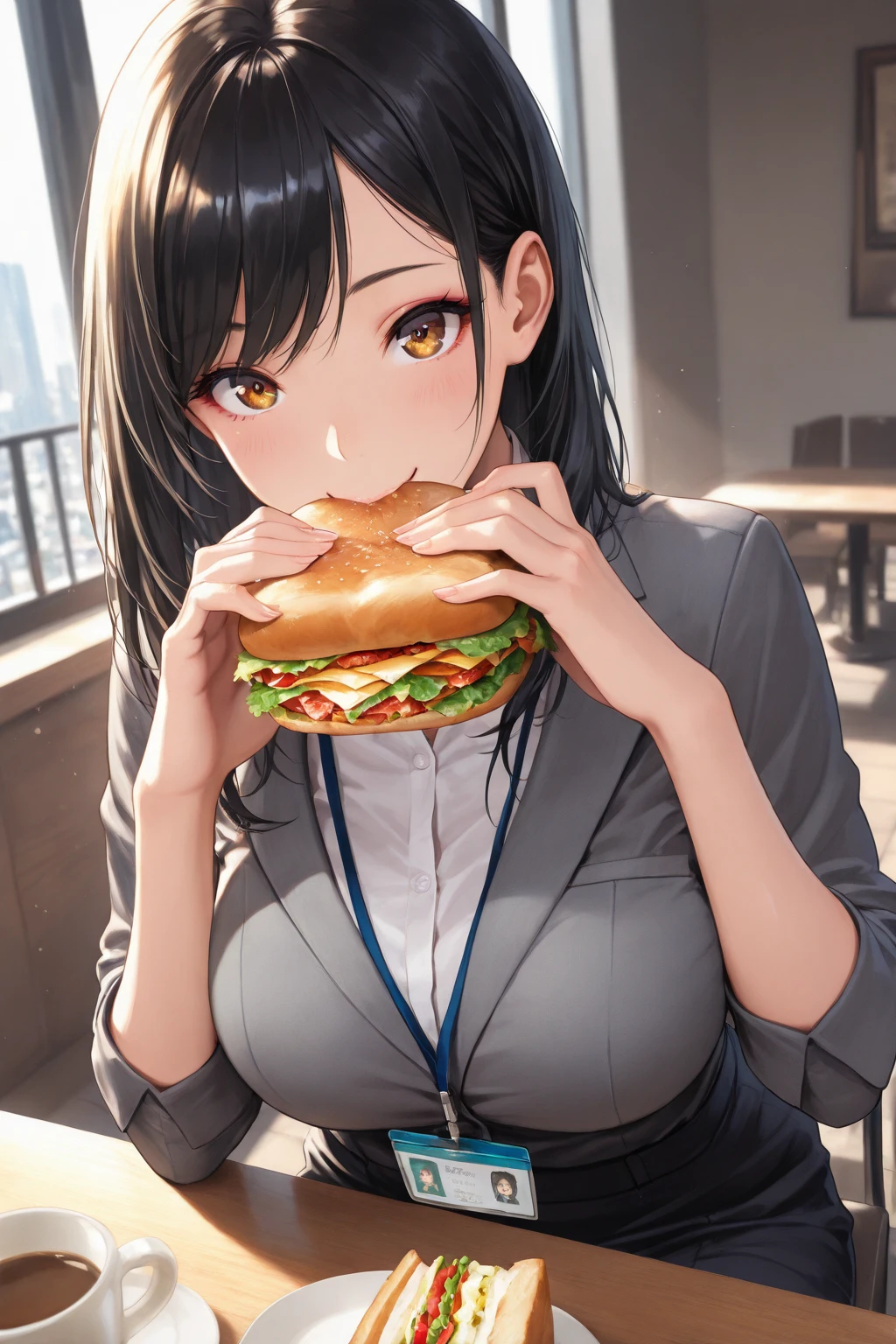 1 beauty，17 year old high school girl, small breasts ,big eyes like tears，sit facing the camera, (her mouth is bulging full of hamburger), long eyelashes，short skirt，blush，black perm hair, At a fast food restaurant, (With a big smile, he put the hamburger in his mouth.,), Putty drips into the cleavage, Food scraps spilled on my chest