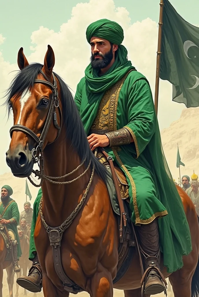 An beautiful gentle man The gaze was lowered raiding horse and raised hand green flag , a black  gown is worn ,There is a big cloak on the head,And green colored turban is tied on head ,big eyes , blue eyes , black long, blur face hair , black beard , healthy face , healthy body 