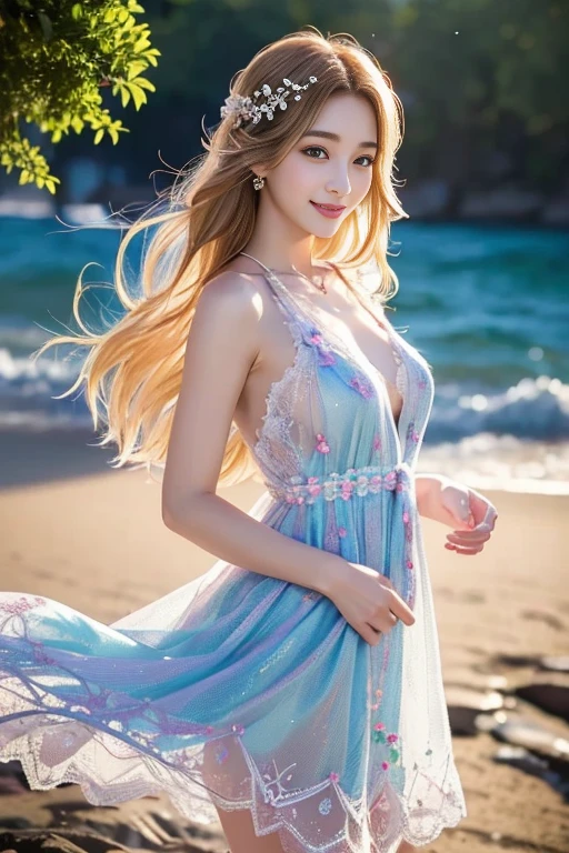 masterpiece，Highest image quality，Super details，best quality ,extremely delicate and beautiful, Very detailed,best quality, official art, Extremely detailed CG unified 8k wallpaper, Ana de Armas portrait photo, Blonde hair with black pupils，shiny skin,  (beautiful eyes:1.1), beautiful skin, big watery eyes，(detailed lighting:1.2), (Beautiful and detailed light:1.3),Diamond Dream Blue Deep Ice Sea Chiffon Ice Blue Water Foam Galaxy Starburst Fairy Color Mint Skirt，Beautiful udder, The most perfect breast shape，firm breast，Deep cleavage，Naked of breast，complex, digital drawing, Smooth, sharp focus, end of the world, epic reality, (high dynamic range:1.4), (pastel colors:1.4), Revelation，Bright colors, screen space refraction, (intricate details, Super detailed:1.3), art station, lens, complex background, buliding，Beautiful smile，The most beautiful look，Dreamcatcher earrings，The best look，Beautiful dignified goddess，