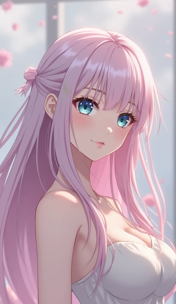 white、Ocean、droopy eyes、顔にpink eyes玉、smile、23 year old female、medium breasts、woman wearing one piece、long hair girl、((Girl with long pink hair))、Girl with bangs、detailed face、cute face、((best image quality))、mole、bouquet、bride、Mermaid Dress.blonde、pink eyes、heroine、blush