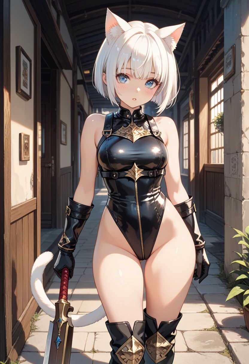 (Highest quality、High resolution、8K、masterpiece:1.2)。Look away、Cross-eyed、Open your mouth、Pink Eyes、Silver Hair、Heart shaped pupil、teeth、tongue、tongueを出す、（Original Character, (1 Girl)、Perfect Face、((short hair:1.2))、(Hair above one eye:1.3)、[[Disheveled Hair]]、Colorful Hair、Detailed eyes that shine、Light and shadow、Glowing Skin、 (Curvy but slim), ((High angle shot))、Disheveled clothes、Follow the Silver Wolf、