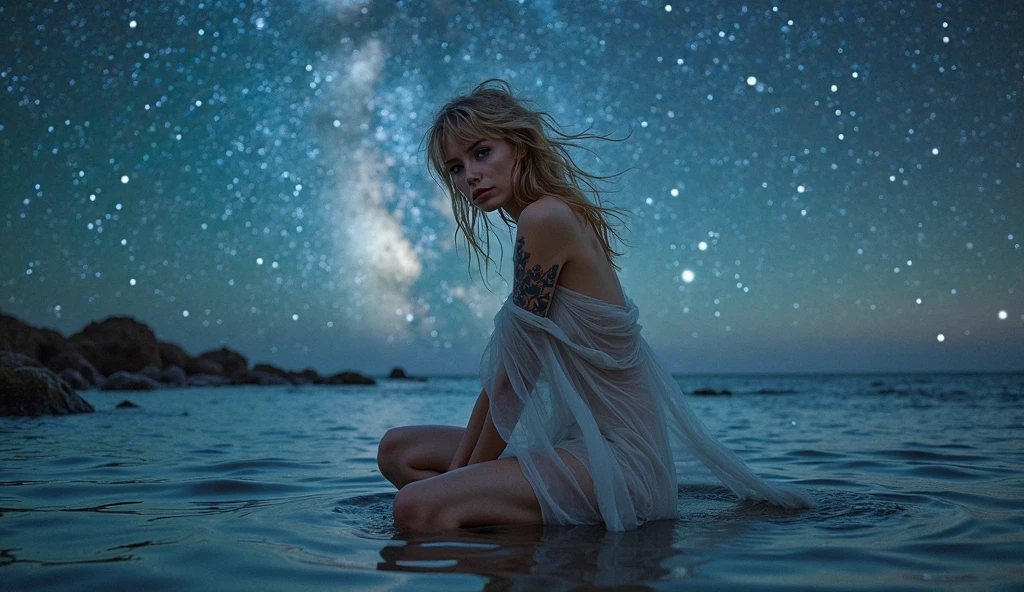 8k, masterpiece, RAW photos, highest quality, realisti, muito detalhado, Depth of the written boundary, cinematic light, nakede Frau, Very beautiful face, exquisitely detailed face, (A calm and gentle face), Hands in the air, shiny white skin, Glamorous body, (Wavy Blonde Long Hair), (naked), (dark starry background), (shooting star), (Dark coast at night), (Pitch black sea surface), (in the beach), (squat), Legs stretched wide apart.