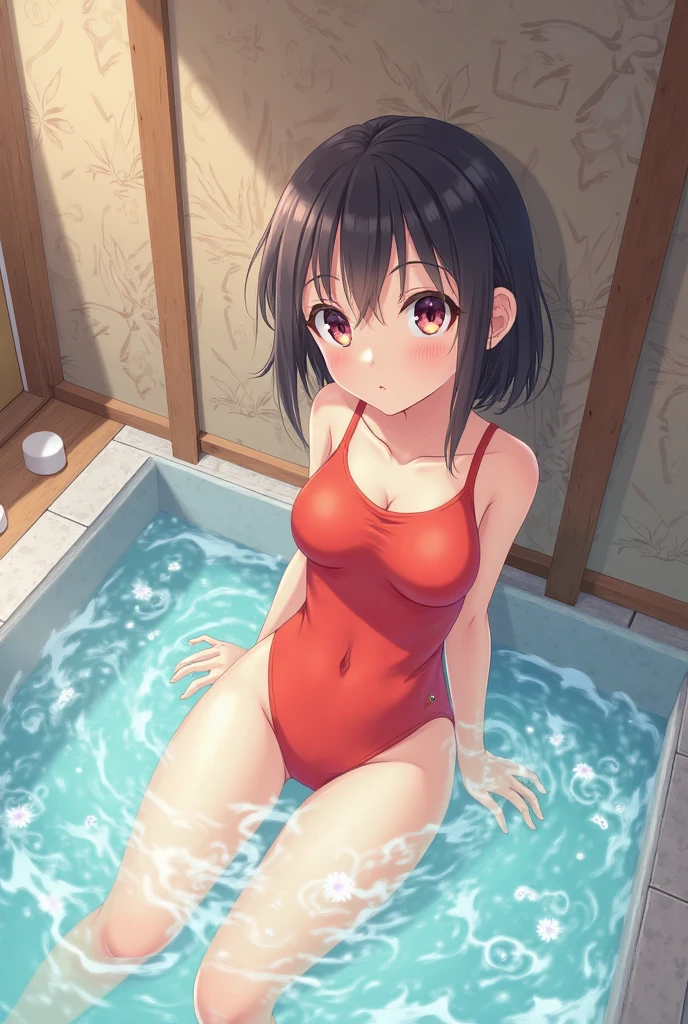 masterpiece,Highest quality,Very detailed,A girl bathing in hot water,Scared,Panic,The pupils constrict,shout,Raise your eyebrows,Are crying,Eyes Wide Open, Swimsuit, One piece swimsuit, White swimsuit, Idolmaster Shiny Colors, Nanakusa nichika, Dark green hair, Short Hair, Watery eye, Feeling embarrassed, blush, torture, whole body, Thighs, hot water bath, Bright red skin, Glowing skin