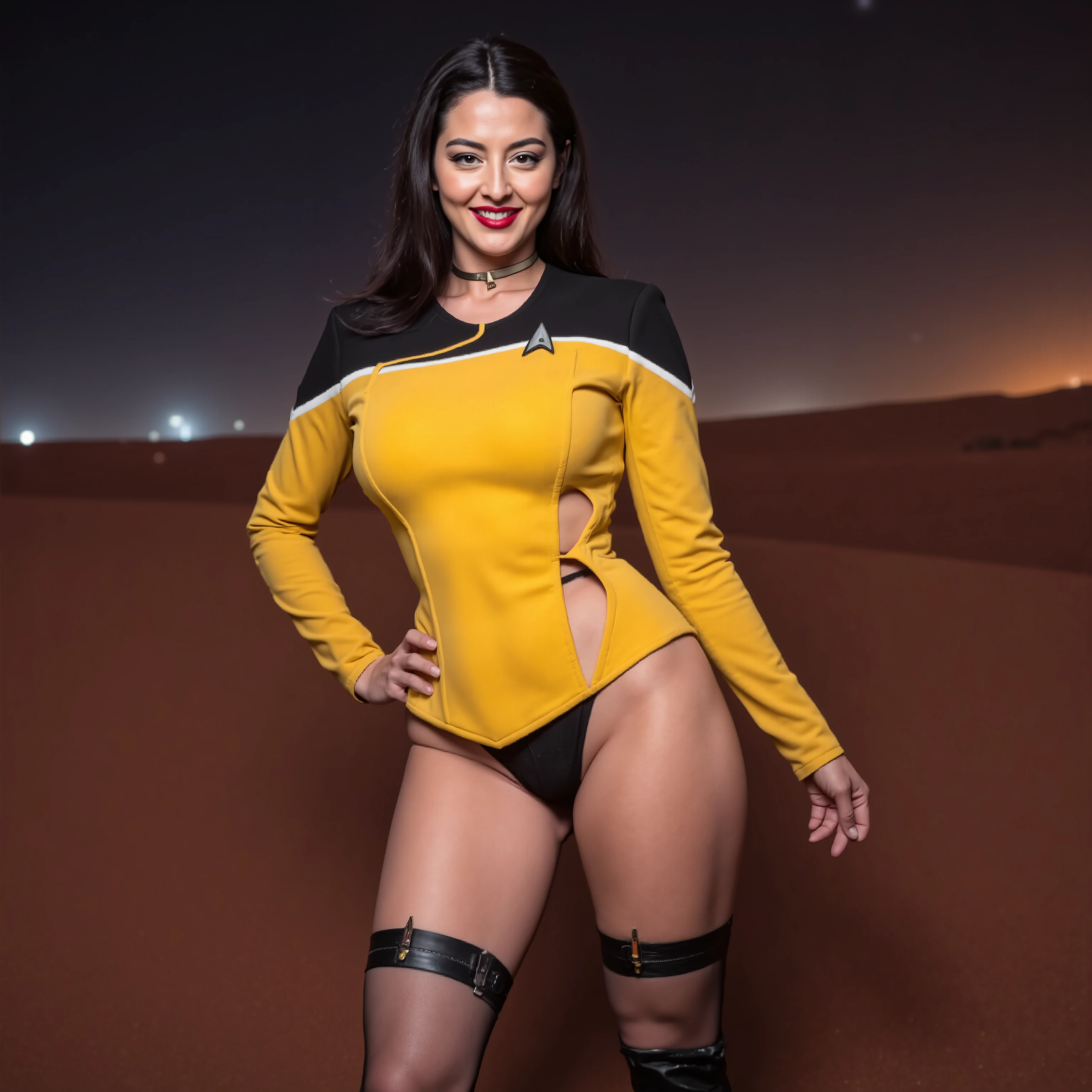 Sci-fi Pinup, ultra high definition photography, beautiful slim fit pinup model wearing a sexy skin-tight yellow spandex startrek uniform-style corset, cutouts in the uniform reveal glimpses of skin and lingerie underneath Startrek badge, sexy leather boots, dark sheet pantyhose, thin choker, red lipstick, mischievous smile, perfectly proportioned muscular toned thighs and calves, large firm breasts, playful pinup-style pose, mischevious smile, focus composition on showing off her beautiful thighs calves and face, alien world setting