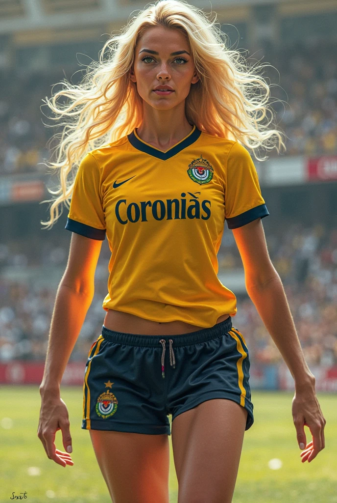 blond smiling white teeth beautiful colombian 20 year old girl, in banana outfit, outside on football field, ((slim, petite)), athlete body, curvy shape body, photorealistic, photo, masterpiece, realistic, realism, photorealistic digital art trending on Artstation 8k HD high definition detailed realistic, detailed, skin texture, tanned skin, hyper detailed, realistic skin texture, armature, best quality, ultra high res, (photorealistic:1.4),, high resolution, detailed, raw photo, sharp re, by lee jeffries nikon d850 film stock photograph 4 kodak portra 400 camera f1.6 lens rich colors hyper realistic lifelike texture dramatic lighting unrealengine trending on artstation cinestill 800,