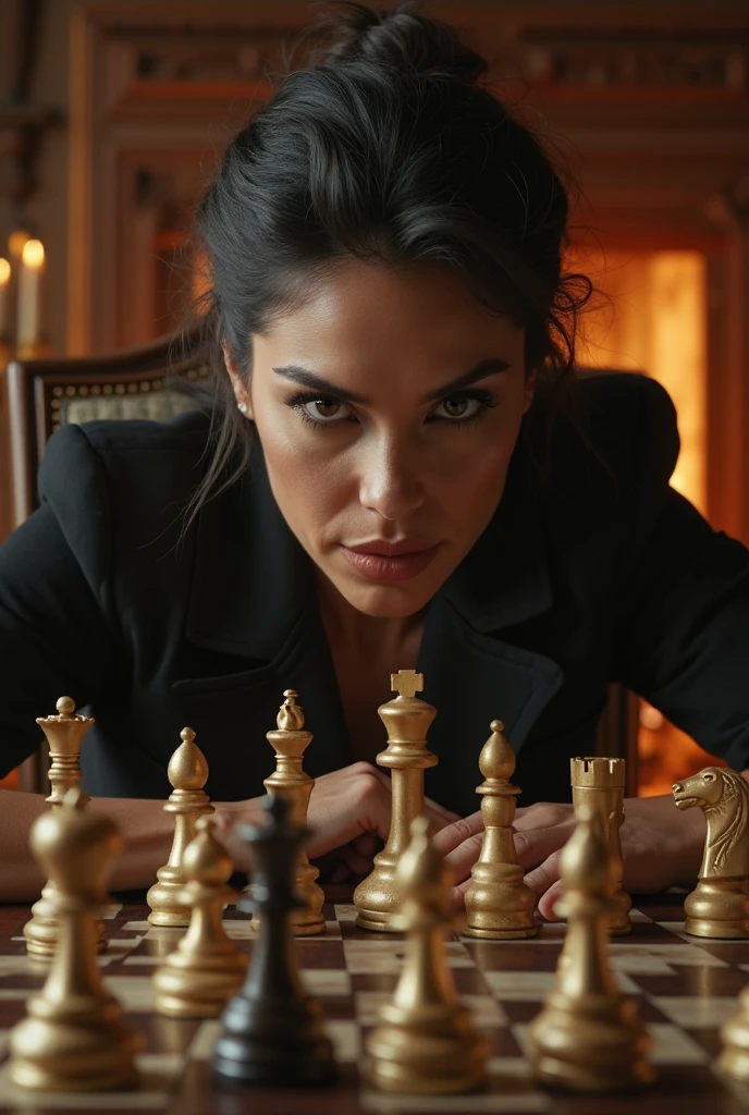 (the most beautiful woman in the world) straight hair, between huge chess pieces