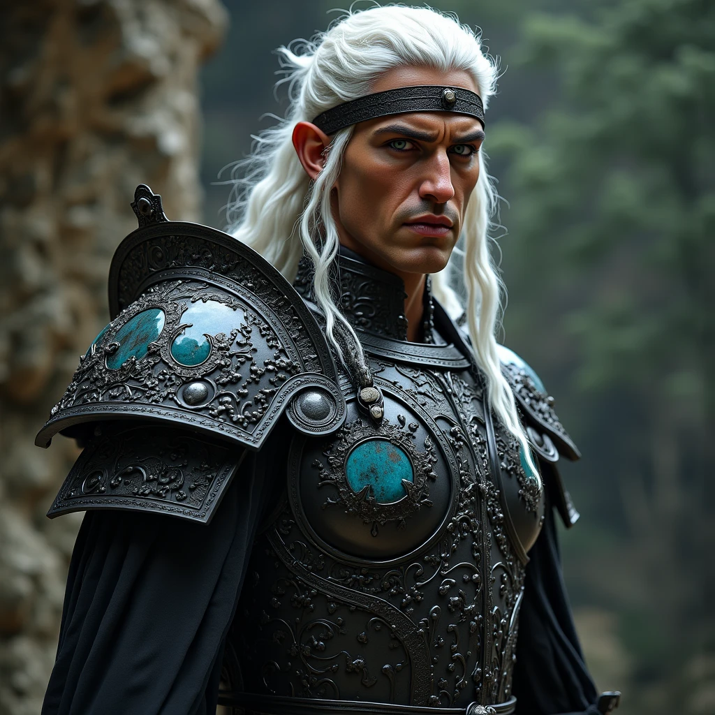 Male, warrior armor, iron crown with rubies, white hair, shoulder length hair, sword, mid thirties, purple eyes