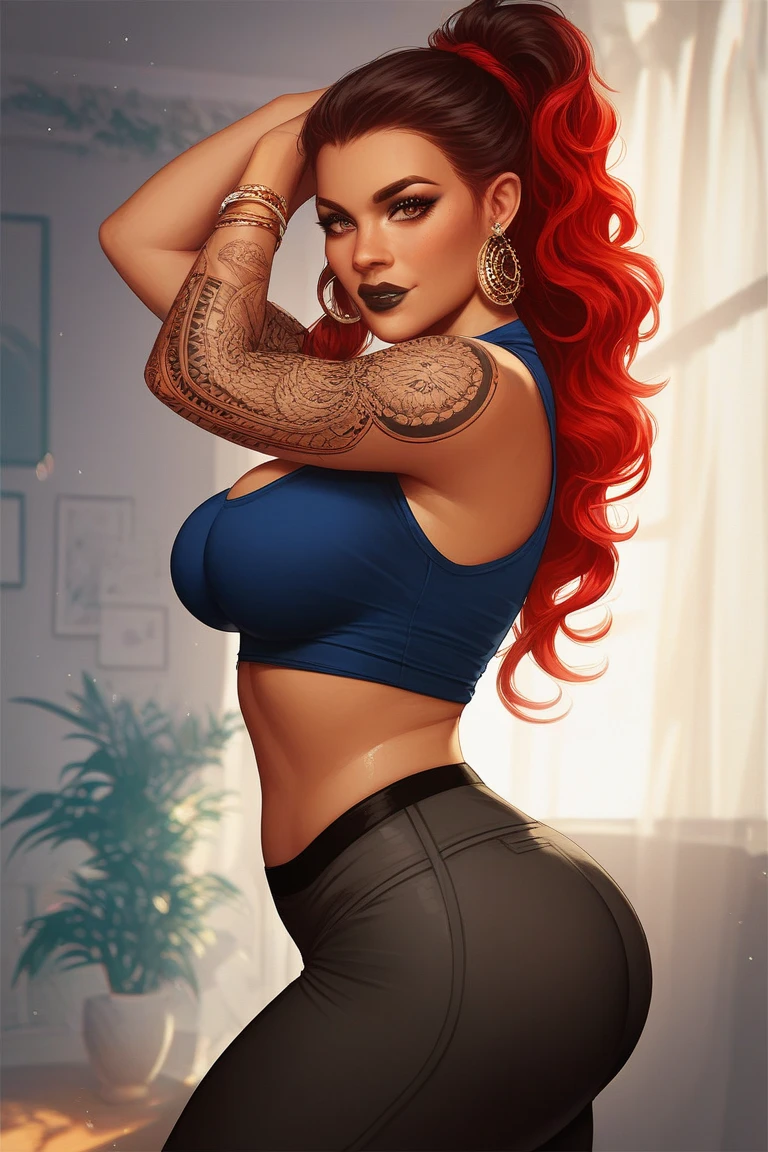 nose piercing, standing,  jewelry, orange jumpsuit (insanely detailed, beautiful detailed face, masterpiece, best quality), cleavage, piercing blue eyes, full body shot, blank background, white background, red hair, elaborate tattoos
