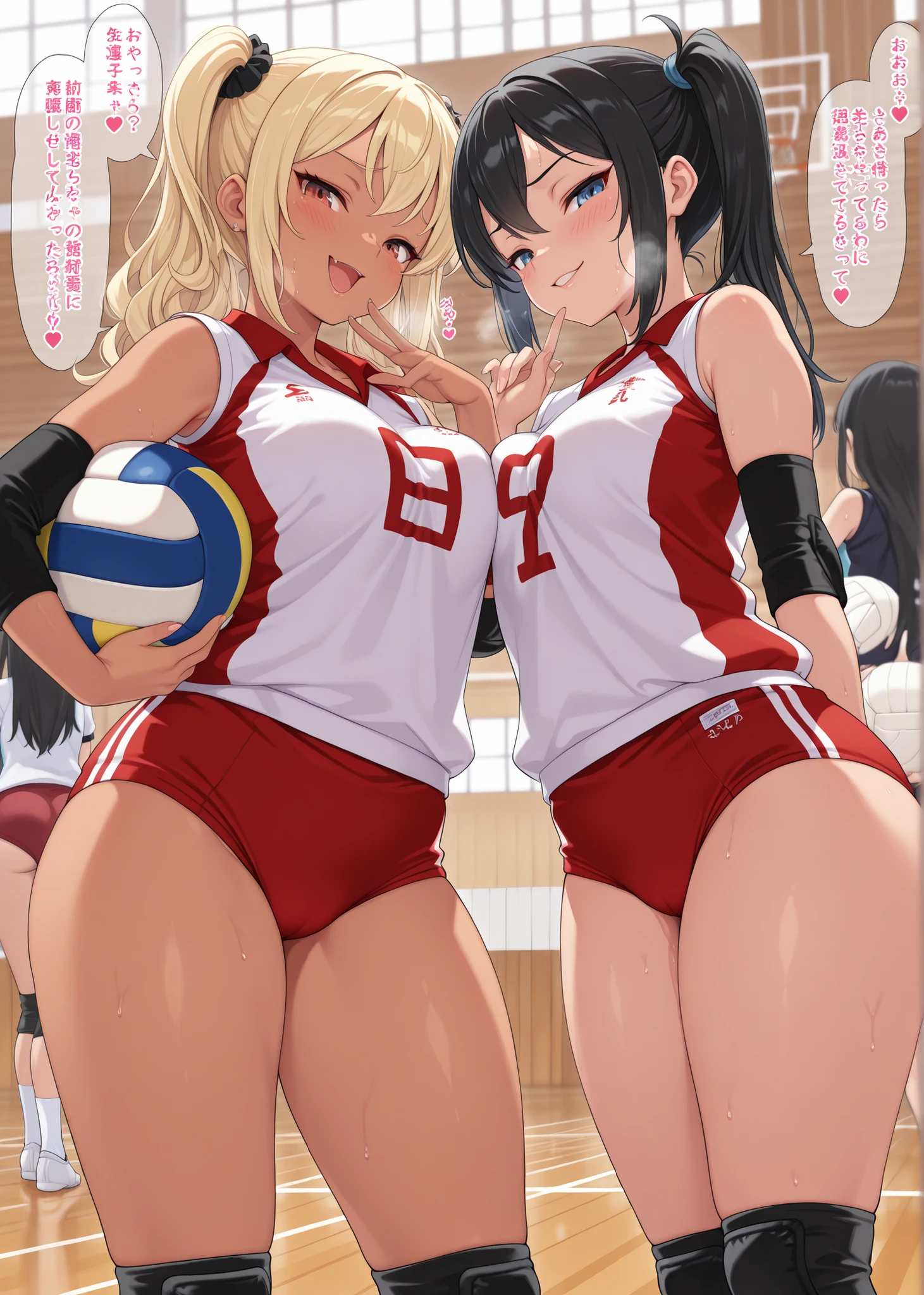 2girls, nishikigi chisato, inoue takina, lycoris recoil, couple, perfect anatomy, symmetry, sukumizu, school swimsuit, thighhighs, huge breasts, big ass, looking at viewer, shy, blush, masterpiece, best quality, very aesthetic, absurdres, anime,