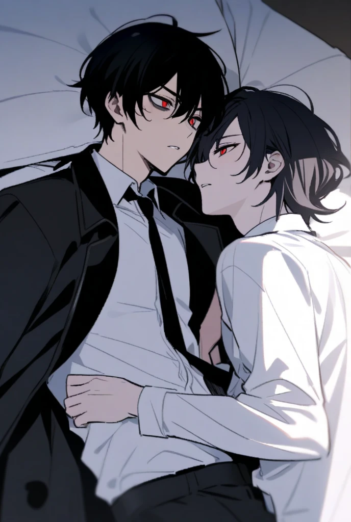 a psychopathic boy with a mullet haircut, wearing a suit, holding a bloody knife, slightly covered in blood, black hair with purple tips, red eyes, exhaling cigarette smoke, sensual, torso, hyperrealistic, dark art, cinematic lighting, moody atmosphere, dramatic shadows, high contrast, muted colors, horror, sinister, evil