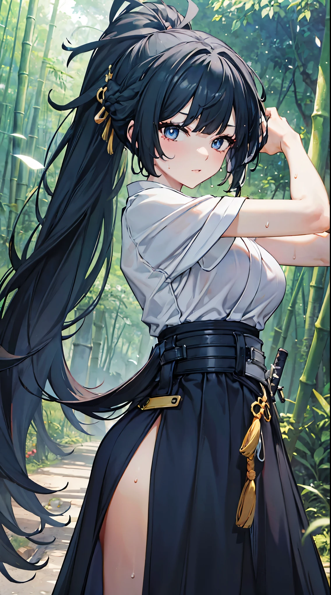 top grade 、、(Whitening skin)、black hair、ponytail,long hair、blue eyes、Petite、SLANDER、 kimono、Hakama,、Big Breasts、In training、samurai、bamboo forest、sweat,
