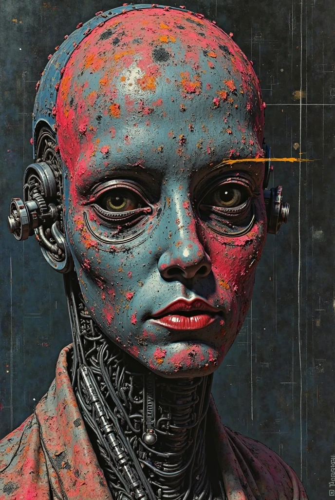 methurlant, A portrait of a robot, (intricate, atmospheric, surreal, gritty, cinematic, stylized, contrast, comic, eerie, stylized, cybernetic, futuristic, dystopian), Clear sky, , Snuffed out candles, Aberrant,Shattered, (Triadic:1.1), (Value:1.1), (Cross-hatching:1.1), (Sunrise:1.2), Silk, Pentagon, ultra detailed, intricate, oil on canvas, dry brush, (surrealism:1.1), (disturbing:1.1)