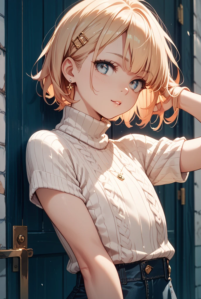 highest quality, 32k, RAW Photos, Incredibly absurd, Very detailed, A neat and cute beauty, Flowing layered short bob cut, Wearing a loose, fluffy knit dress, thin, Professional Lighting