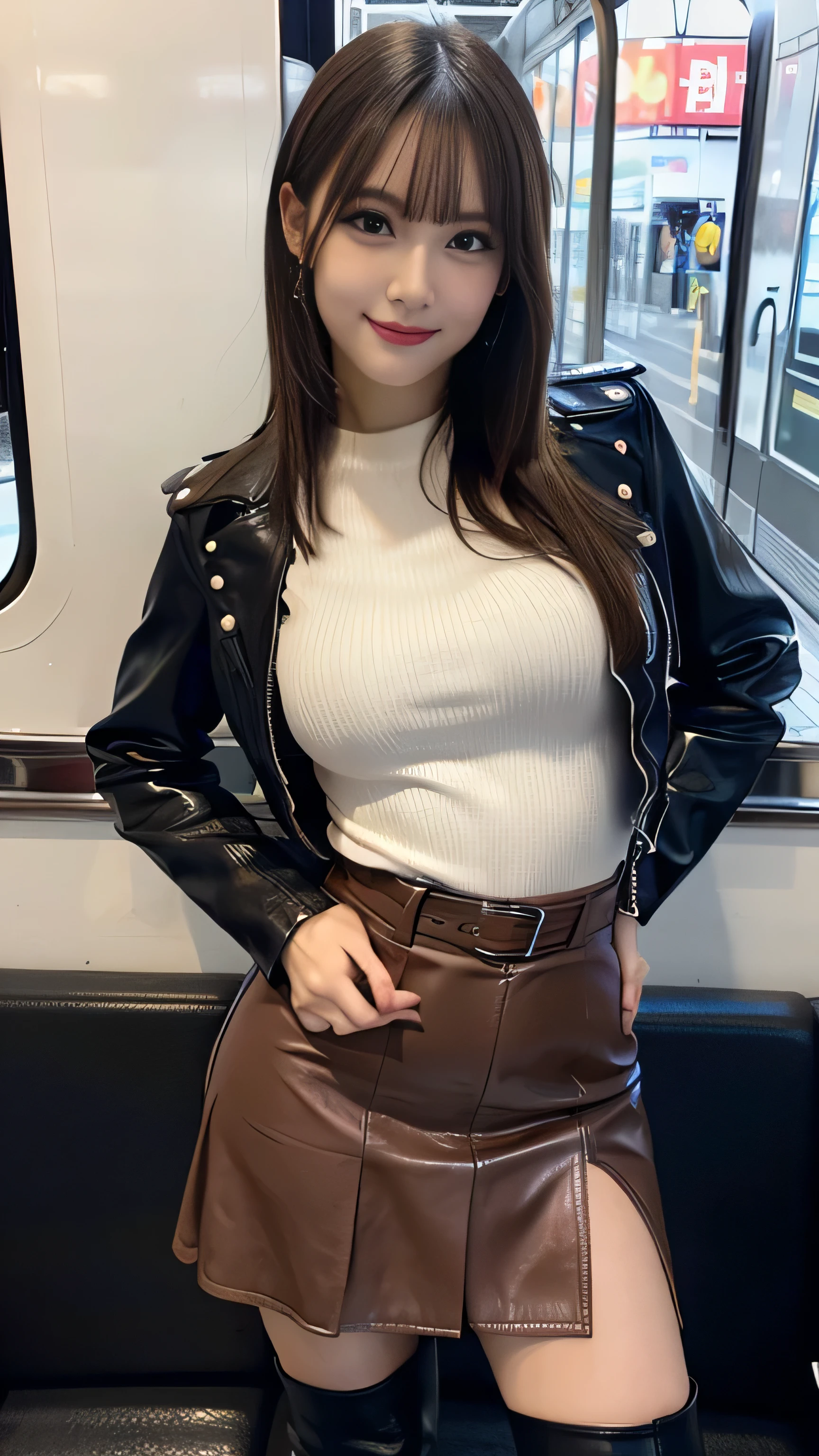 (large breast:1.2), (detailed face:2.8), (hands on own hips:1.5), full body photo, she is in a train, ((standing by seat)), one girl, ((High resolution)), blonde hair, Light Hair Color, sexy, Beautiful eyelashes ,High resolution ,Zoom out ,20-year-old ,((Highest quality)) ,((Very detailed)), ((Finer details)) ,High resolution , ((8k)) wallpaper ,Beautiful eyes in every detail ,Natural lip color ,((very beautiful:1.5)), Full body, (front view:1.5), looking camera, ((riders leather thick Jacket)), (knee high boots), (very high gloss), (brown leather pleated middle thick skirt), (Little Devil Smile), (curvy thighs:1.5), (a beauty girl, delicate girl:1.3), break, very fine eyes, (symmetrical eyes:1.3), break,brown eyes, parted bangs,best smile, break, (masterpiece, best quality, ultra detailed, detailed face, 8k)