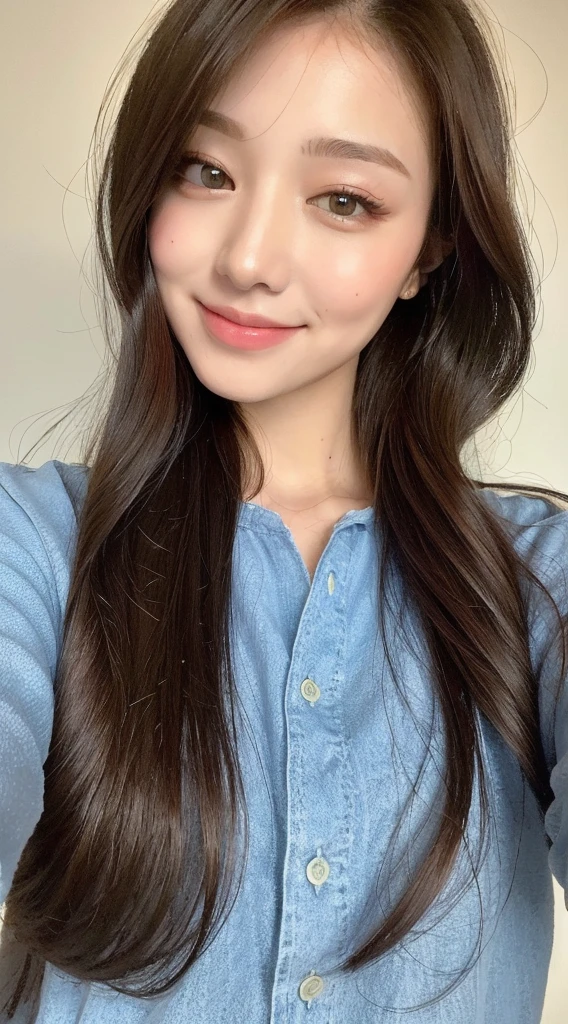 ((best qualtiy, 8K, tmasterpiece:1.3)), Focus:1.2, perfect figure beautiful woman:1.4, Cocked buttocks:1.2, ((Random Long Hairstyle) ((Brown Wavy Hair))(Long white legs:1.3) ,(Polo shirt:1.2) , (inside in room: 1.2), Highly detailed facial and skin texture, A detailed eye, 二重まぶた,Whiten skin,(Straight big breasts:1.3),ssmile,Wear a necklace,