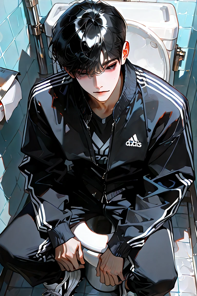 Young boy, hair over eyes, serious, smoking, adidas, cool, mysterious, black hair