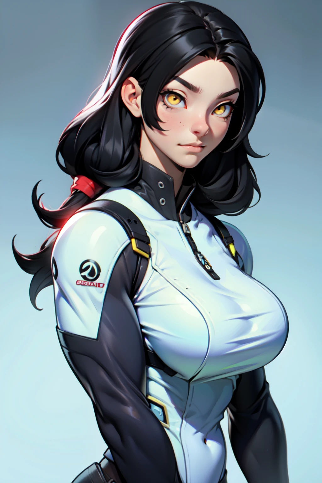 Huge breasted android woman with cleavage in a dystopian city