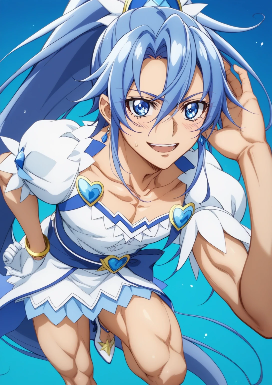 score 9 、score 8 up、score 7 up、source anime、masterpiece、best quality、high resolution、anime coloring、1boy、cure diamond、(male:1.5)、Close up of a boy anime character with blue hair、high long ponytail hair、dia shape hair ornament、solo、portrait of Magic Boy、Boy in a blue dress、isolated、Long Legged 、Heavenly Aura、Ice Aura、blue mini skirt、collarbone、white puffy sleeves、Symmetrical puffy sleeves、white gloves、yellow bracelet 、blue waist bow、Bare legs、Bare Thighs、white high heels、 Symphogear Flavor 、 Long Dark Blue Haired Boy 、 Prince of Sapphire 、Official Character Art、style of Magic Boy、masculinization、Magic Boy、 Anime Boy 、Official Art、high resolution、perfect costume、sparkling Magic Boy、(manly:1.5)、 With Shining Blue Eyes 、perfect body、trapezius、perfect hands、perfect arms、perfect perfect legs、thigh muscles、semitendinosus muscles、hamstrings、adductor magnus muscles、 male focus、looking at viewer、solo focus、cowboy shot、(male body:1.5)、beefcake style、blue background、