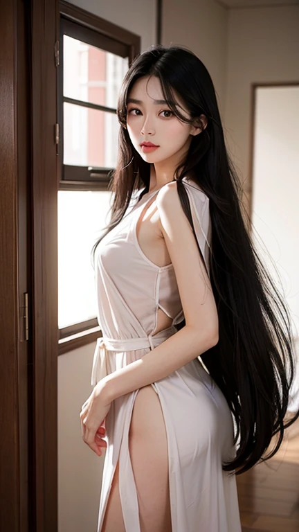 (Browsing Caution:0.9) ,View from behind、(Realistic painting style:0.9), Tabletop, One Girl, alone, chest, Long Hair, ((Black see-through dress)), Grey Hair, Chest cleavage, View your audience, smile, Mouth closed, bangs, Grey Eyes, Big Breasts, Expose your shoulders, Large chest, Sexy pose、View from behind,Sexy Style,((Her ass is visible through her panties)),(String)