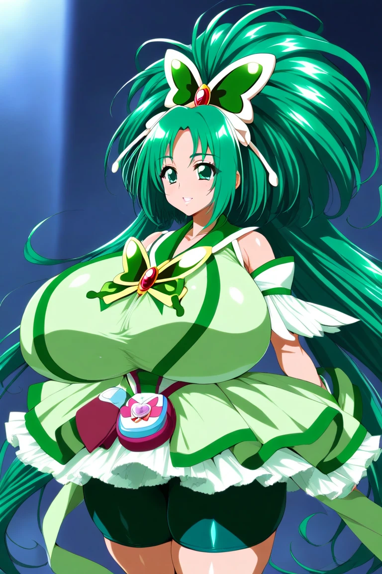 score_9, source_anime, rating_explicit BREAK 1girl, solo, MN-CM, 1girl, green eyes,gigantic breasts, high ponytail, tri tails, green hair, very long hair, hair ornament, wing ornament, jewerly, circlet, green choker, gold hairclip, green bow, impossible clothes,bursting breasts, green shorts, green skirt, bike shorts, shorts under skirt, green wrist cuffs, detached sleeves, shocked,