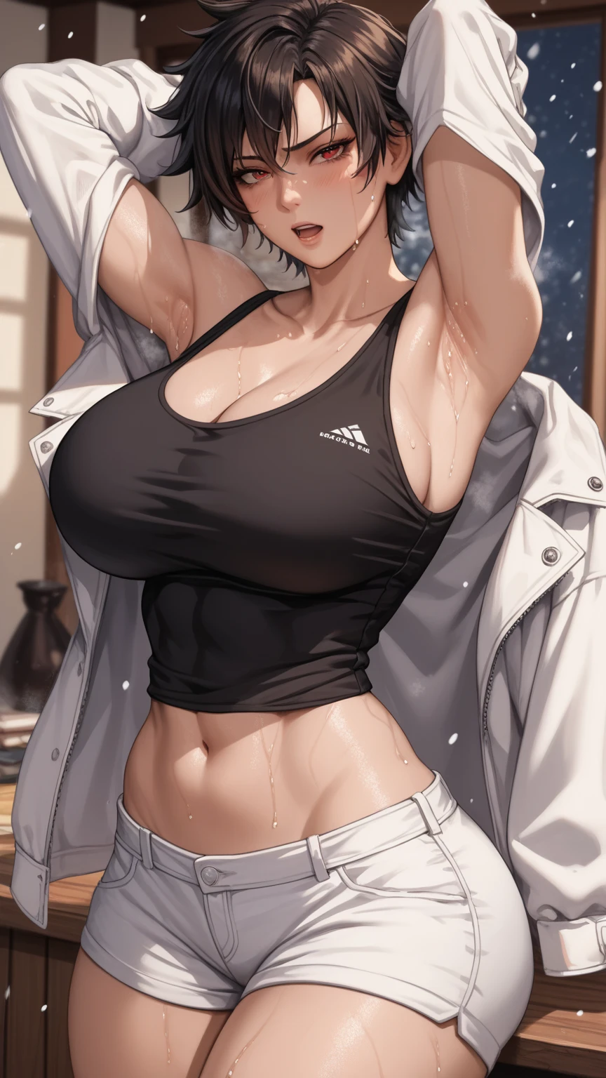 8k, masterpiece, illustration, extreme detail, 1 female, yakuza, gangster, japan, white short hair, red eyes, messy hair, sexy, toned body, abs, white crop top, white jacket, shorts, head to legs, exposed cleavage, exposed navel, stretching, smug, laughing