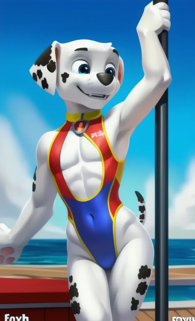 Rabbit, Male, Muscular, Solo, swim coach, blue speedo, baggy shirt, whistle, wet, laughing, happy, kind, bright sunlight, poolside, handsome, blue eyes, Olympic swimming pool background, tall, young, facing viewer, wide hips, thick thighs, hands on hips, long ears, rabbit tail, Photorealistic, depth of field, Wide Dynamic Field, Full Body view, (by null-ghost, by Chunie, by darkgem)