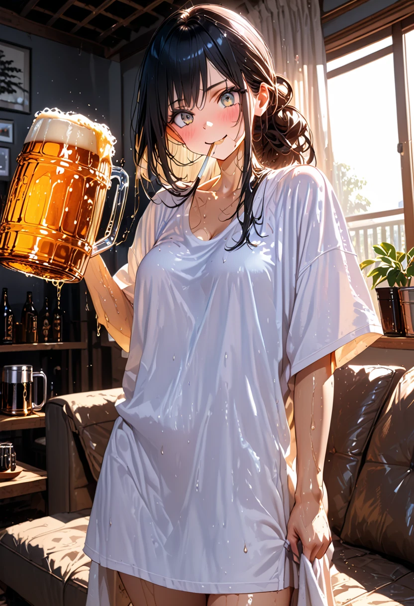 masterpiece, best quality, very aesthetic, absurdres, newest, 1girl, asymmetrical bangs, tareme, 1girl, solo, long hair, breasts, looking at viewer, blue eyes, shirt, black hair, holding, closed mouth, white shirt, upper body, short sleeves, indoors, bottle, holding bottle