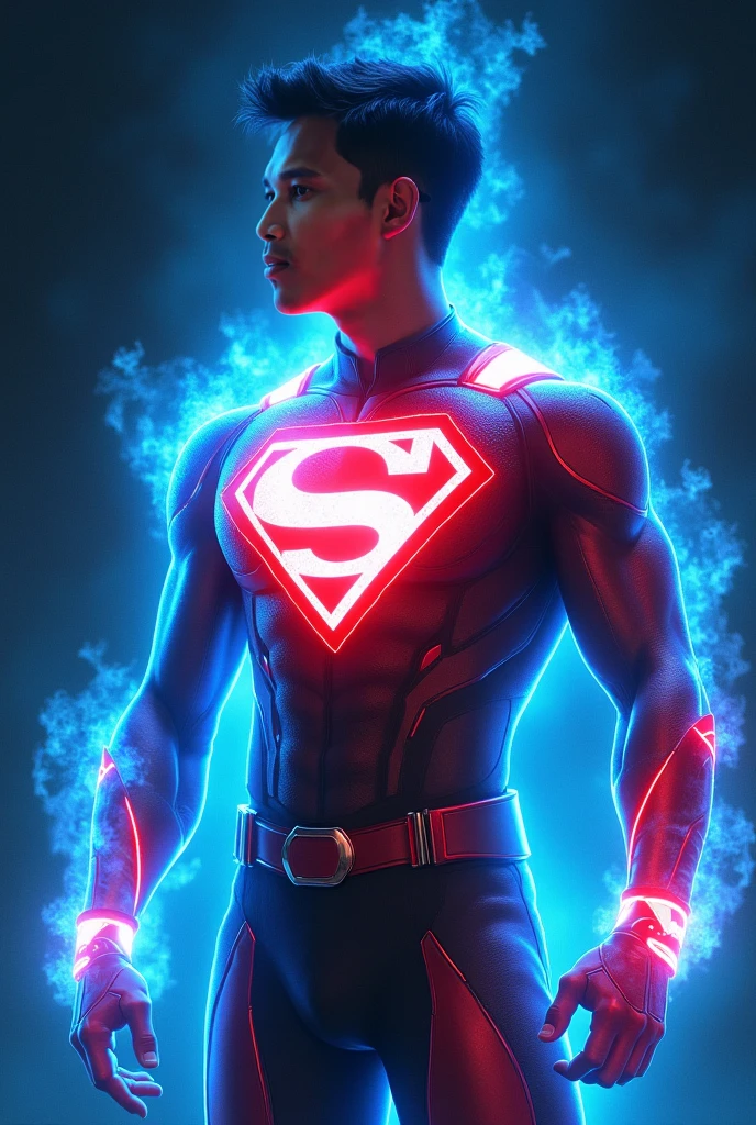 A 4k ultra hd resulation super man black suit in with neon lights cyberpunk futuristic costume cenematic background