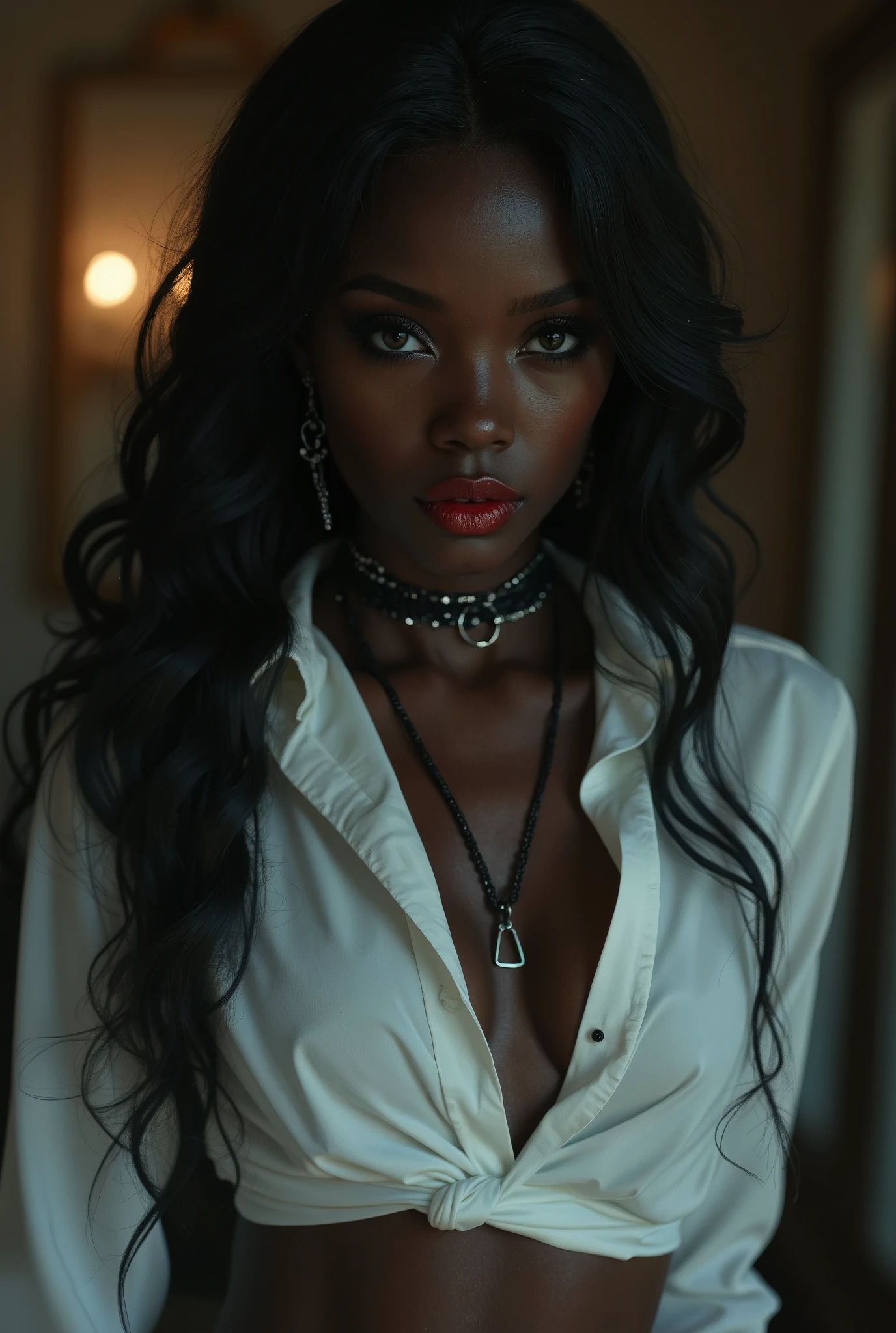 Ebony african goth woman. Her dark, haunting eyes are framed by black eyeshadow and eyeliner. Her lips, painted in deep crimson, make her cruel and dangerous, as if she knows secrets that could shatter worlds. Black female wearing tight white formal shirt, white cotton underwear, choker, earings, pendant. She looks at the viewer, there is an undeniable intensity in her expression—a silent promise of inevitable punishement.