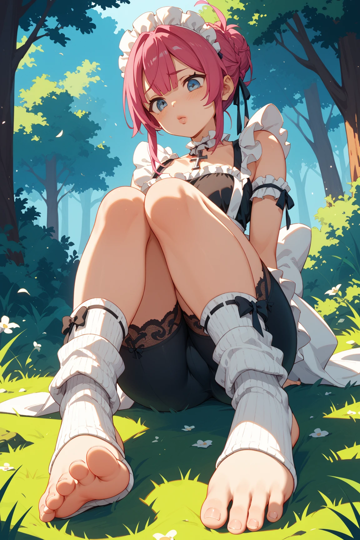 One girl, Cosmetan, methane, Twin Drill, Pink Hair, blue eyes, dress, Outdoor, Fallen leaves, (((skirt lift))), (((squat, spread leg))), (((white panties, White garter belt, white garter hose))), (((cum on panties))),