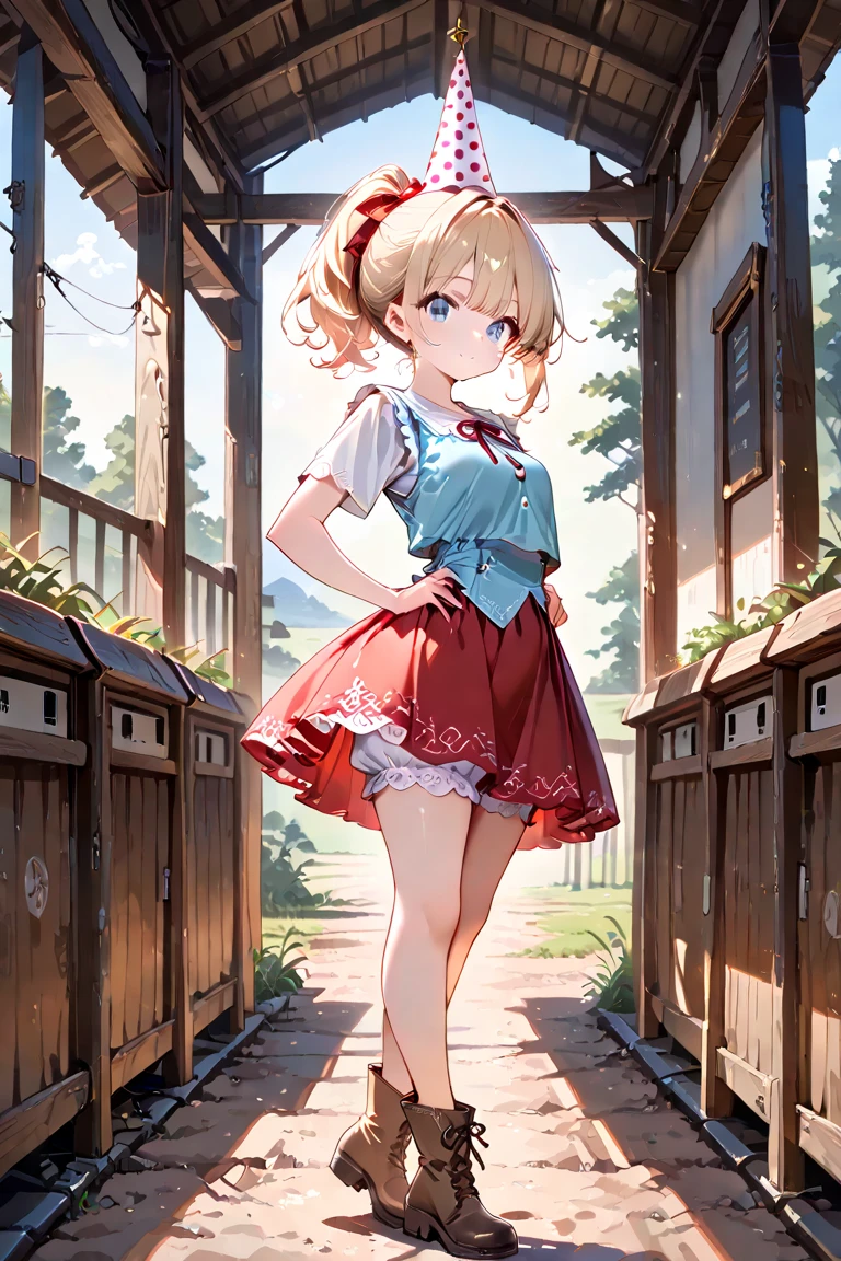 elizabeth , elizabeth, bow, pink shirt, blue skirt, hair bow, solo, green eyes, blue sky, flat grass land,, masterpiece, best quality, detailed shading, detailed ambient light, detailed background, masterpiece, sweat, aged up, sweat, red panties,