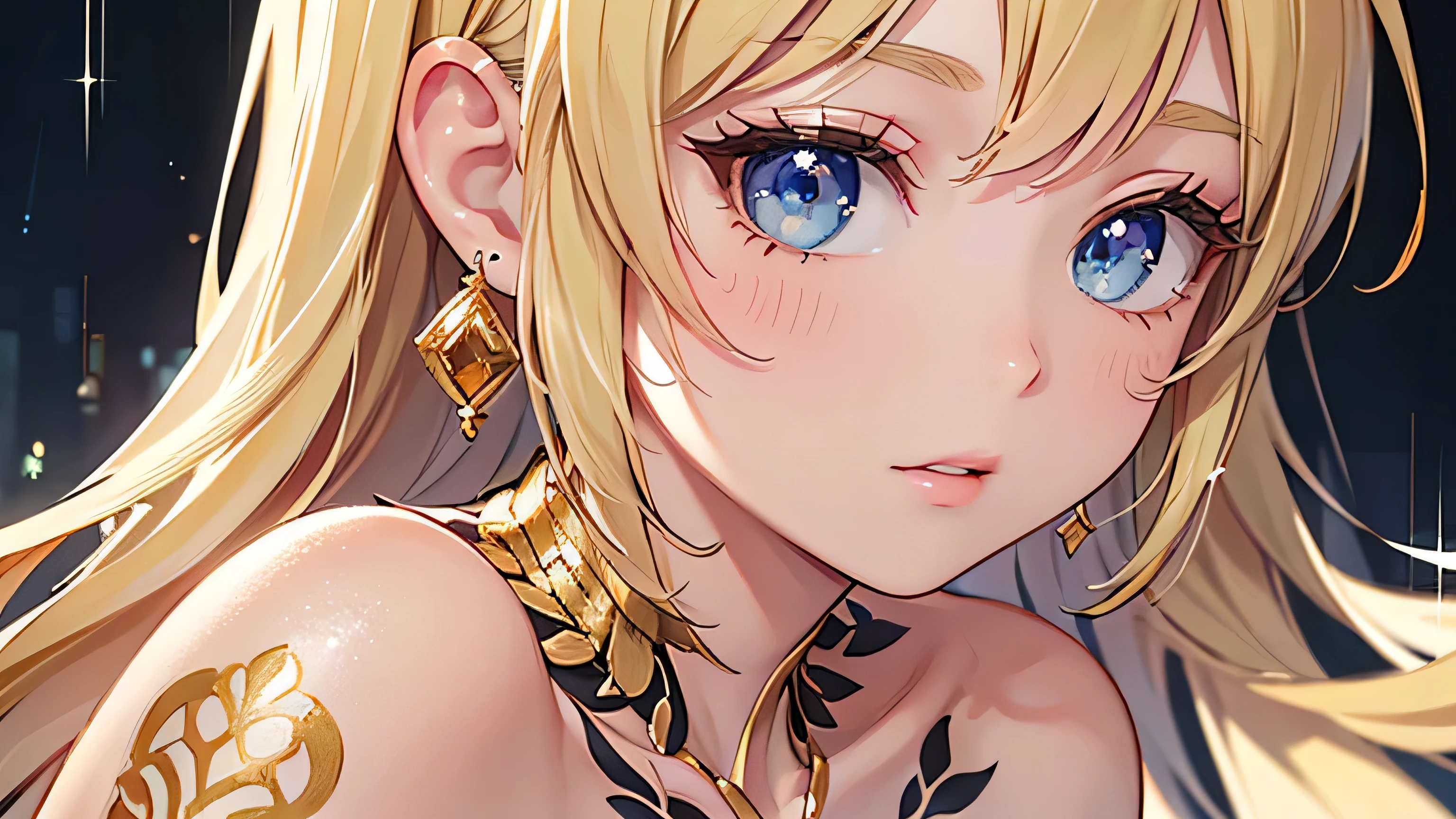 in the rain、 Gold Tattoos for Girls with Gold Earrings, gold tattoo of a girl with gold earrings in the style of V ray tracing, then Martin , Famous, Poured, close-up, Dark white and gold, speed painting, masterpiece, best quality,