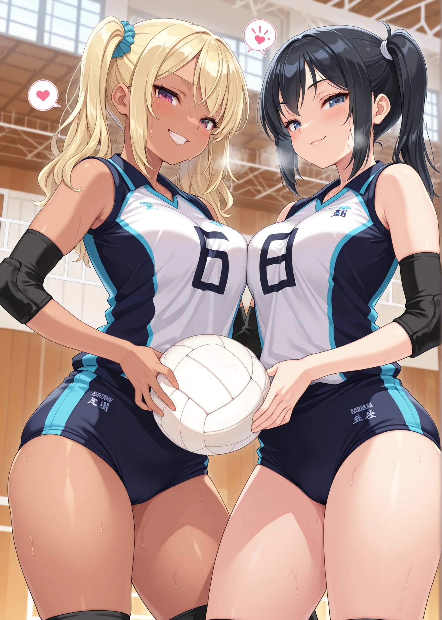 unity 8k wallpaper, anatomically correct, (((masterpiece))), (((best quality))), (((ultra detailed))), (((high-resolution))), ((super fine illustration)), ((Ultimate cutie)), detailed beautiful face, shiny hair, 18 years old,((blush)),  ((potbelly)), (curvy), medium breasts, ((Thick thighs)), sleeveless volleyball uniform, ((buruma)), ((knee pad)), (elbow pad), ((hold volleyball)), ((hold a 6-inch volleyball)), cowboy shot, in volleyball court, in school gymnasium, 
BREAK, (Yuri), 2girls_A_and_B, A girl_have_{{blond ponytail}}_{hair bow}_{{happy}}_{smile}, 
BREAK, B girl_have_{black short hair}_ {hair bow}_{{{smirk}}}