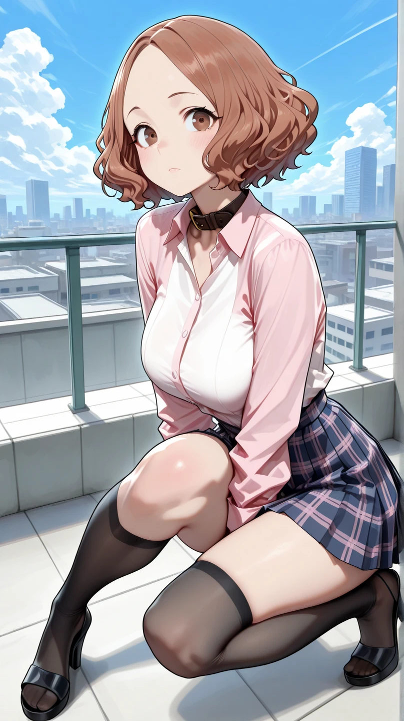 profile, (highest quality), Super detailed), (Ultra High Resolution 8K), High-definition facial beauty,  ((Skirt Lift)), A plain girl with glasses, (???????????), Detailed knitwear, Culottes skirt, Showing off her red see-through panties , (Blushing, Embarrassing:1.4), Very hot day, Shade, ((Sit down)), Panties that are damp