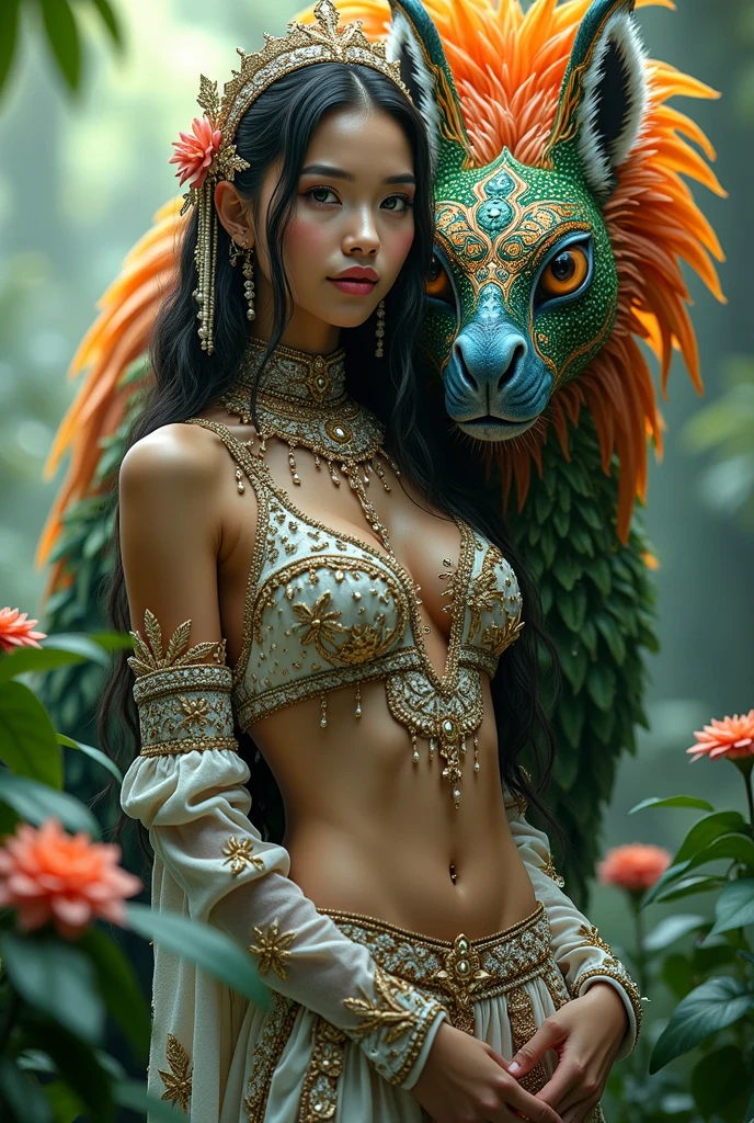 cabocla fringe of Amazonian India, tanned skin, identical perfectly symmetric eyes, identical round symmetric eyes, extreme long black hair messes, small coconut shell bikini, bathing to the natural, long hair covering boobs, huge macaw feather headdress cabocla fringe of Amazonian, blue peacock feather earrings, blue peacock feathers, tiger, tiger-woman, India, monochrome, black and white, many fox tails, multiple colorful parrot feathers, tanned skin, extreme long black hair messes, small coconut shell bikini, bathing to the natural, long hair covering boobs, huge macaw feather headdress fringe of Amazonian India, fox tail, colorful parrot feathers, tanned skin, extreme long black hair messes, small coconut shell bikini, bathing to the natural, long hair covering boobs, huge macaw feather headdress