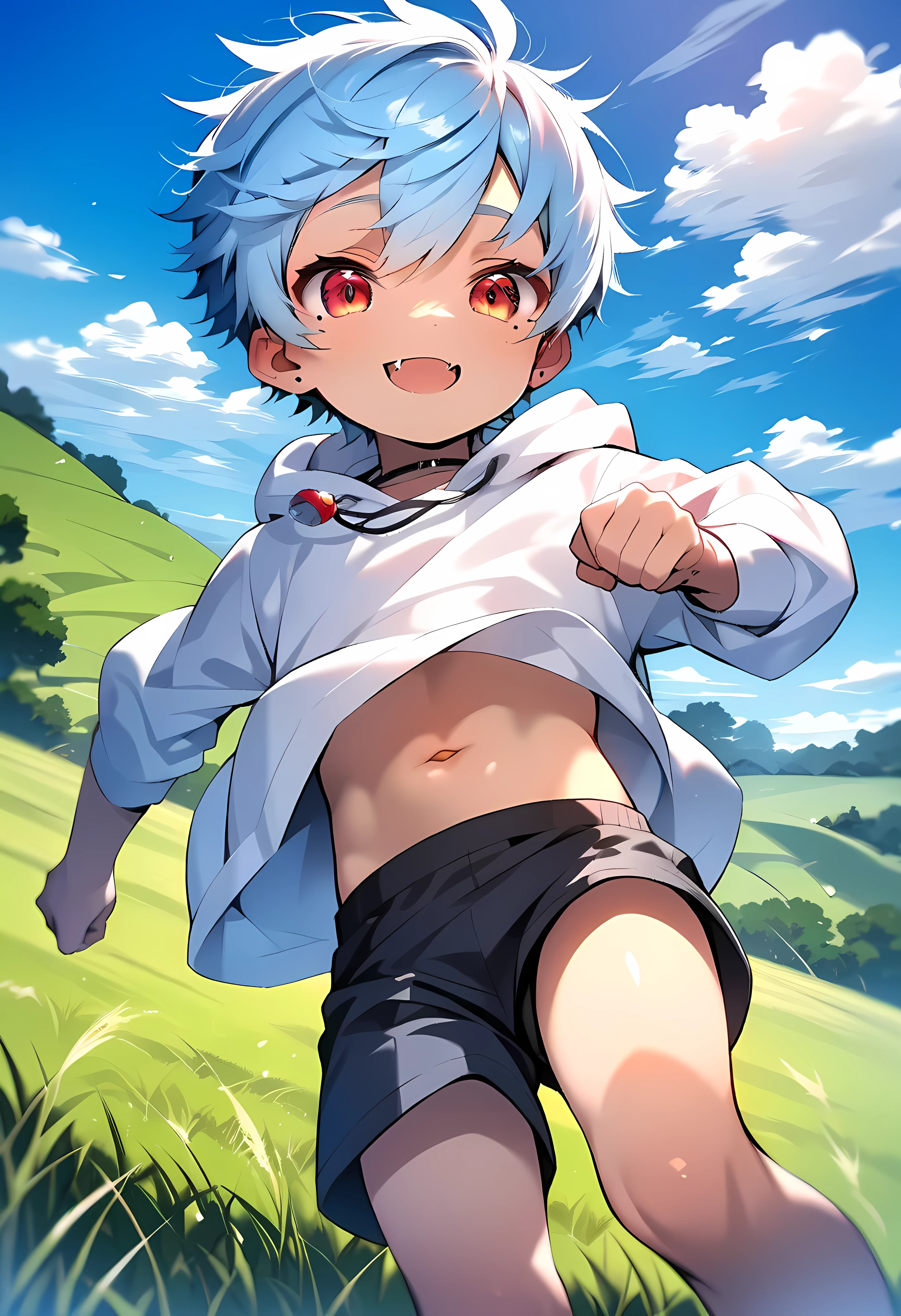(Shota:1.5), (baggy:1.4), (White tank top:1.3), (White panties:1.3), (bulge&erection:1.4), (Looking up:1.4), The wind is blowing, (((Highest quality))), (((masterpiece))), (((Super detailed))), (skinny:1.3), ((Spiked Hair)), (The wind is blowing), ((White Hair)), Wine red eyes, Raise your arms, ((smile)),  (Open your mouth), ((Earrings)), blue sky, Grass, (Choker on neck), Underarm, Sweaty skin, ((Wet clothes)), Nipples, center, (Shooting from below),