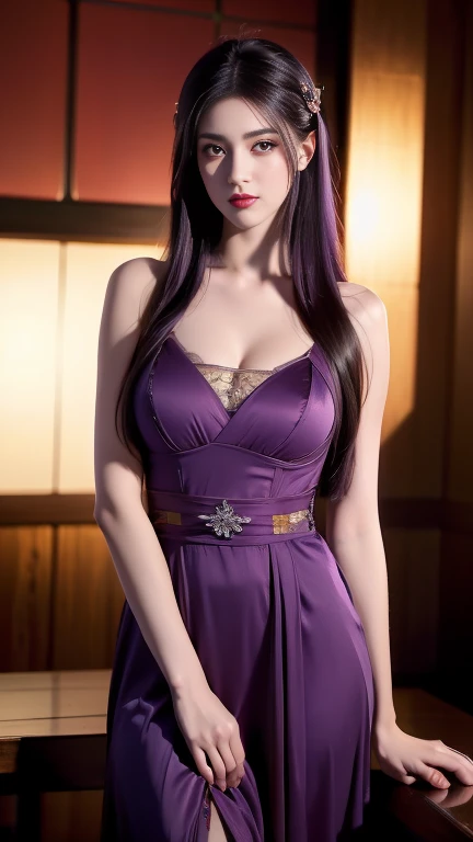 Beautiful woman , very long hair, elf ears , purple hair , golden eyes , big bust , light skin , mature woman ,huge breasts,arms above head
